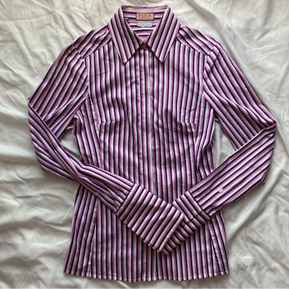 PINK Thomas Pin Stripe Button Down Shirt Women's US Size 4 Office Elle Woods